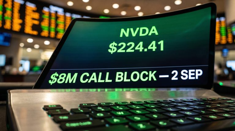 NVDA $224.41 trading terminal showing $8M institutional call block options flow on 2 September 2026