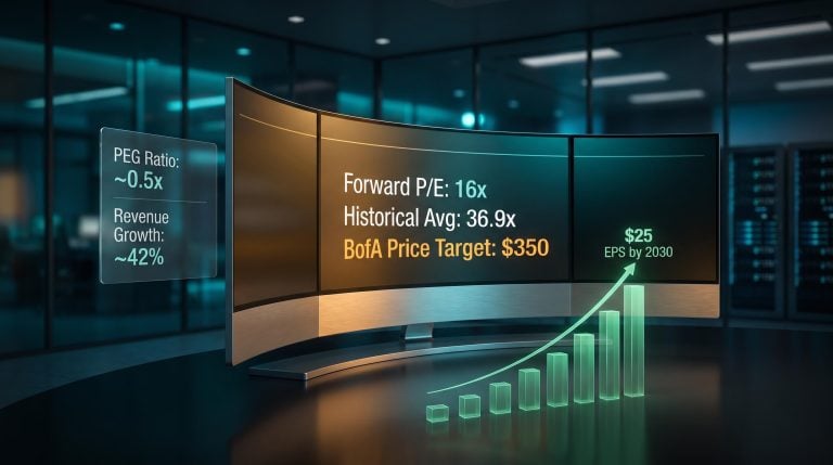 Nvidia valuation data wall showing 16x forward P/E vs 36.9x historical average and BofA $350 price target