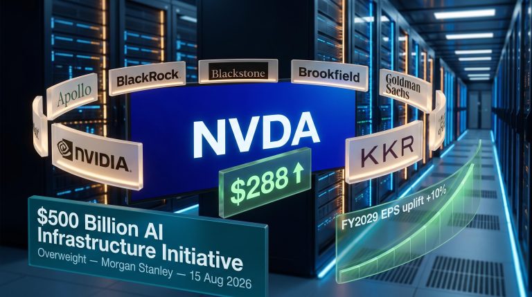 Nvidia NVDA trading screen showing $288 price target alongside $500B AI infrastructure financing partner network overlay