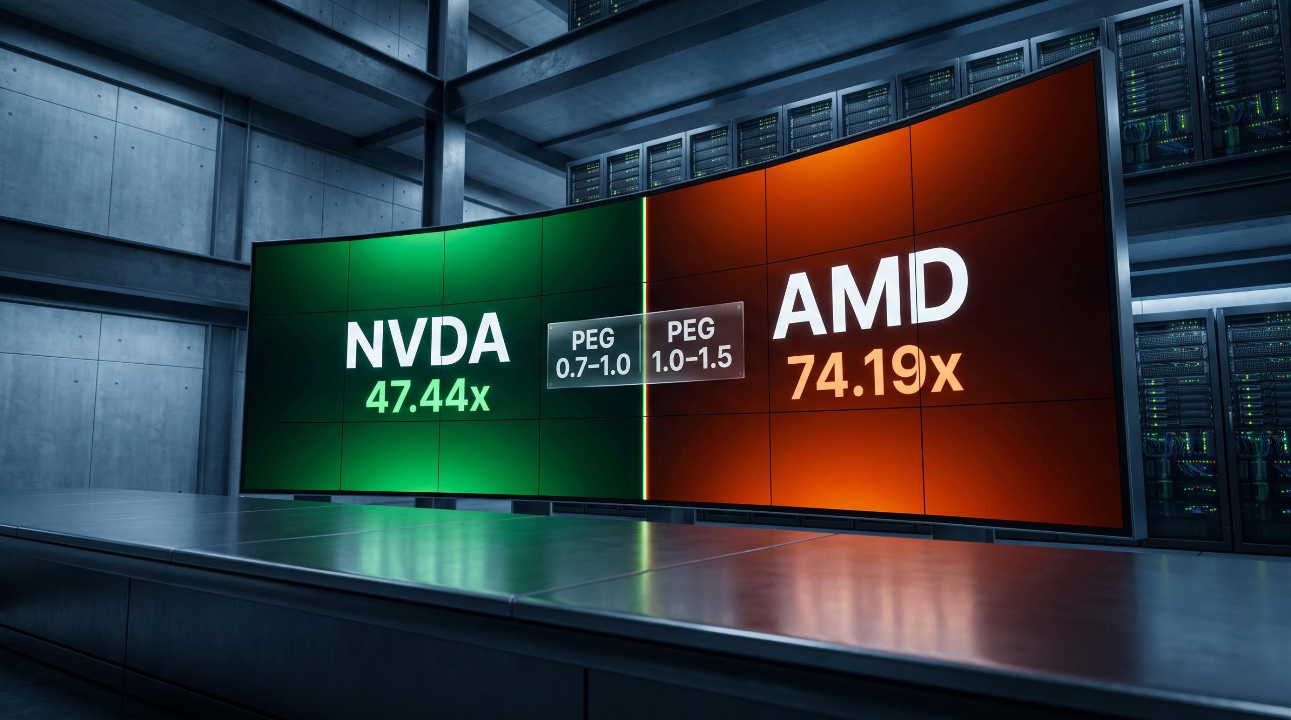 Nvidia vs AMD valuation comparison screen showing NVDA 47.44x and AMD 74.19x sector P/E data in vivid green and amber panels