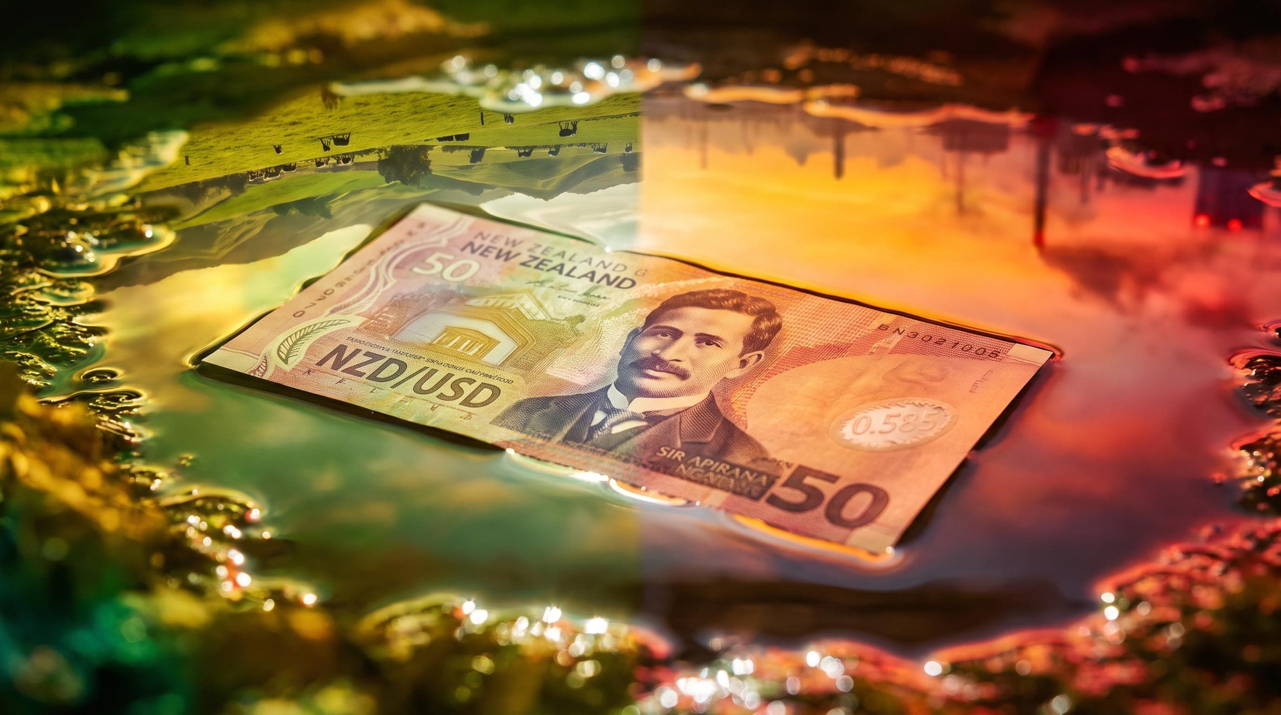 NZD/USD drivers visualised as a banknote split between golden dairy light and amber risk-off tension