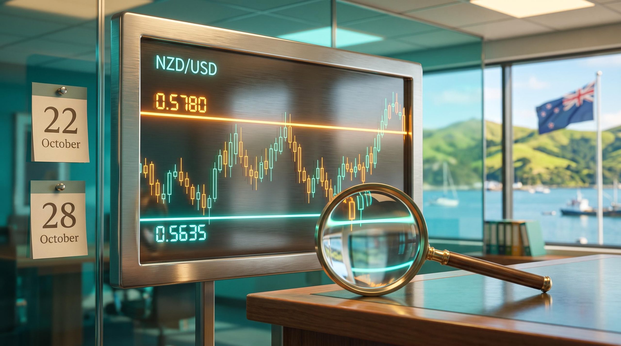 NZD/USD forecast chart with 0.5780 resistance and 0.5635 support under a loupe, Wellington harbour behind