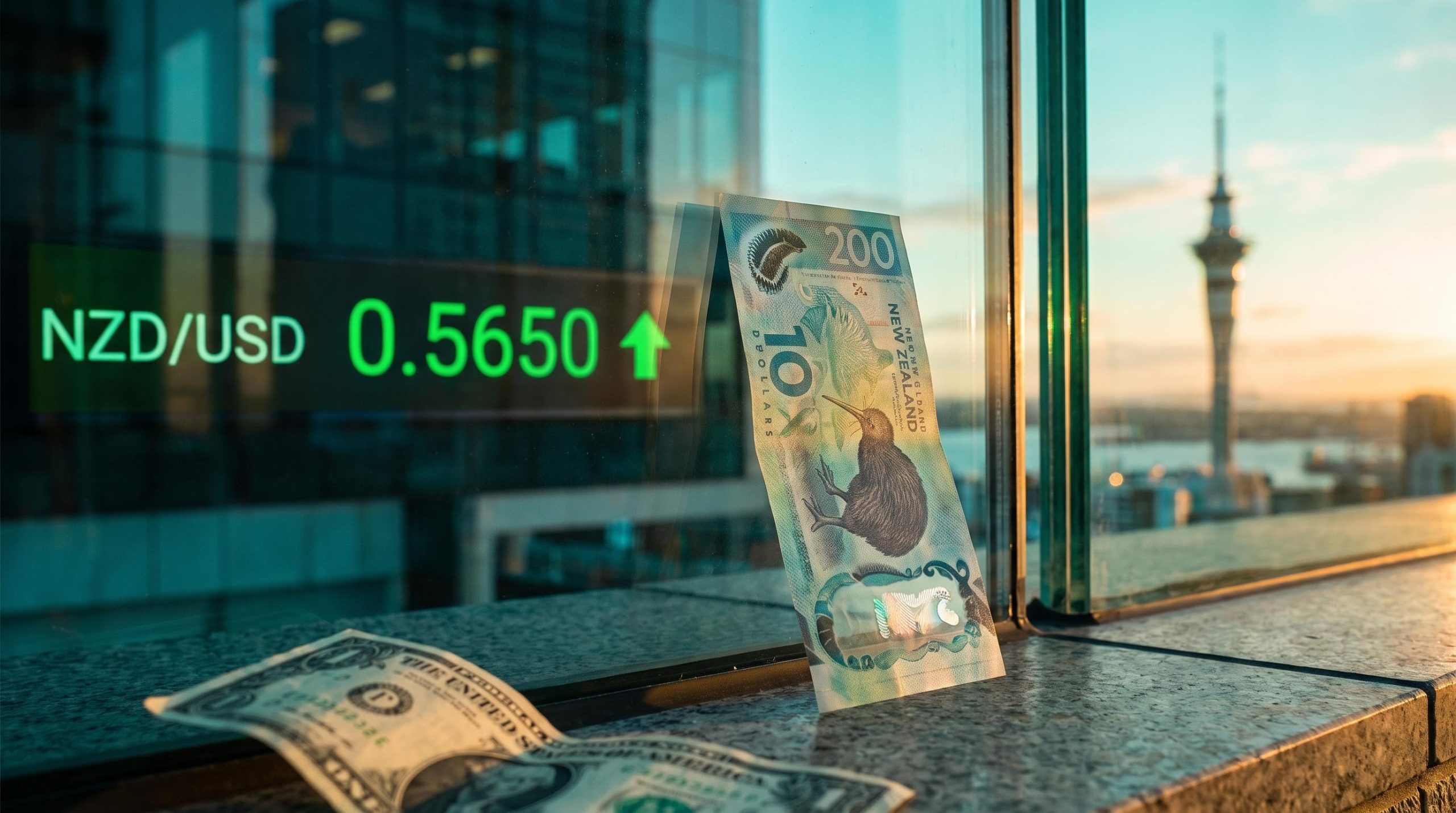 NZD/USD forecast: New Zealand dollar note before a trading screen showing 0.5650 as the Kiwi rebounds against the greenback