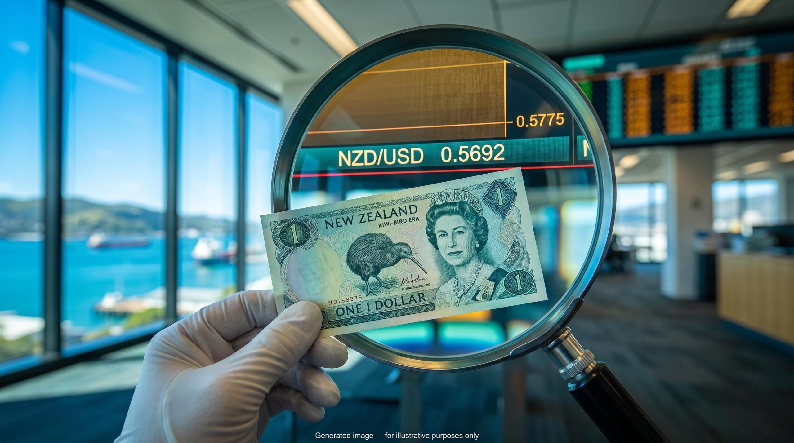 NZD/USD forecast: analyst inspects a New Zealand banknote through a loupe beside a 0.5692 quote on a trading display