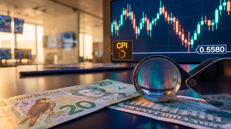 NZD/USD forecast: loupe over New Zealand and US banknotes with 0.5580 support on a rebound chart ahead of US CPI