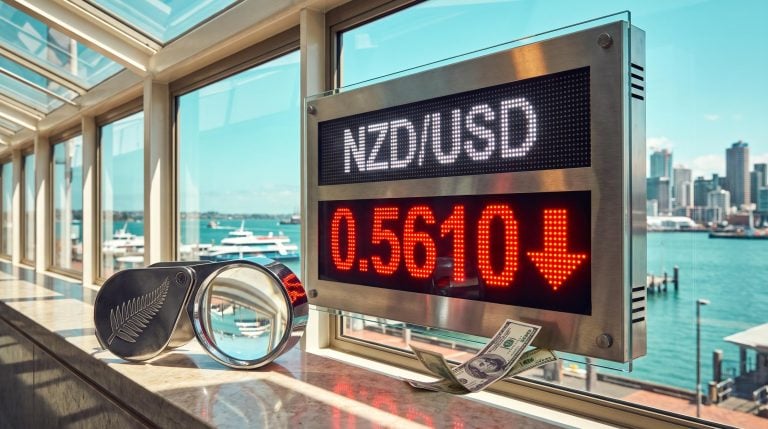 NZD/USD exchange board showing 0.5610 with red downward arrow and magnifying loupe on an Auckland harbourfront