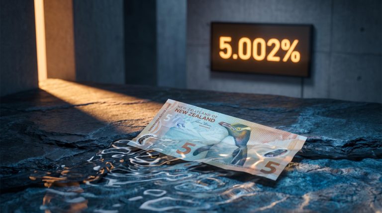 New Zealand dollar banknote submerged under liquid with US 10-year yield "5.002%" glowing above — NZD/USD analysis