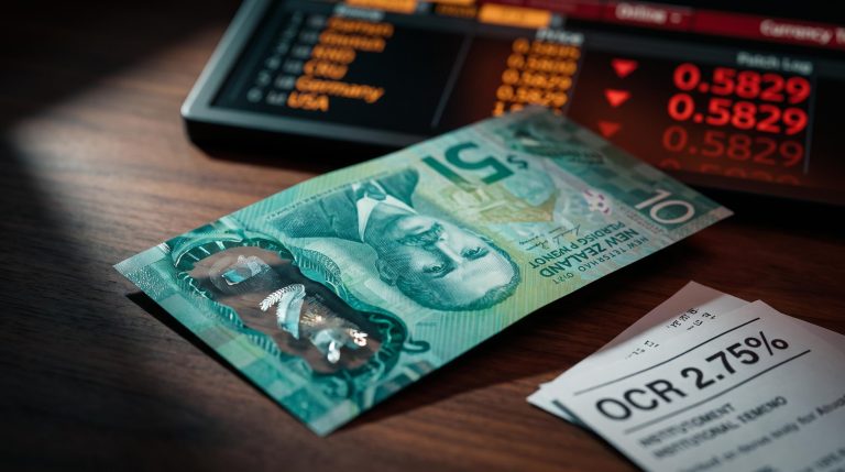 New Zealand banknote on trading desk with 0.5829 rate on red terminal screen — NZD/USD forecast