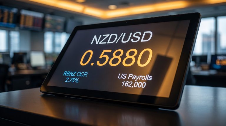 NZD/USD rate at 0.5880 on trading terminal as RBNZ hike and US payrolls stalemate pair outlook