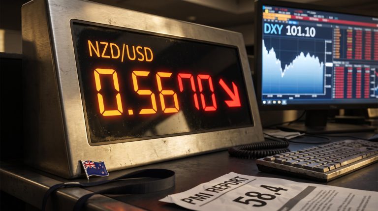 NZD/USD rate plunging to 0.5670 on a trading terminal after US composite PMI hits 58.4 shock