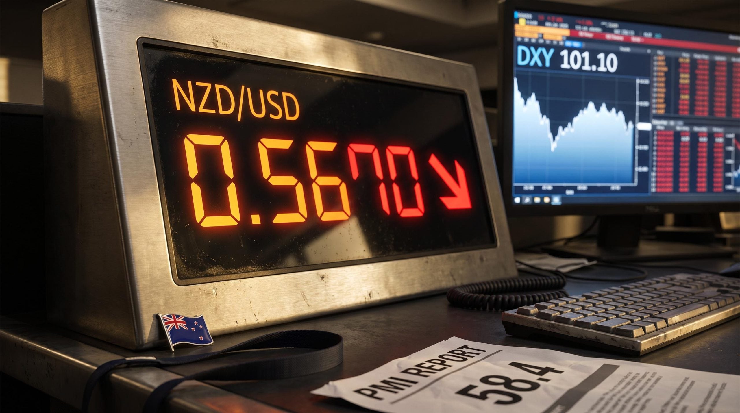NZD/USD rate plunging to 0.5670 on a trading terminal after US composite PMI hits 58.4 shock