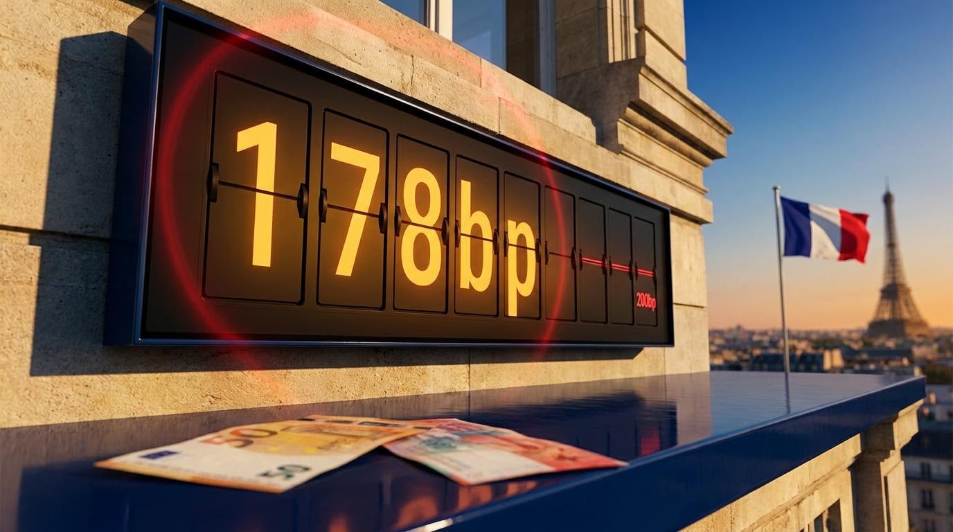 OAT-Bund spread at 178bp on an amber rate board in Paris with euro and Swiss franc notes in the foreground