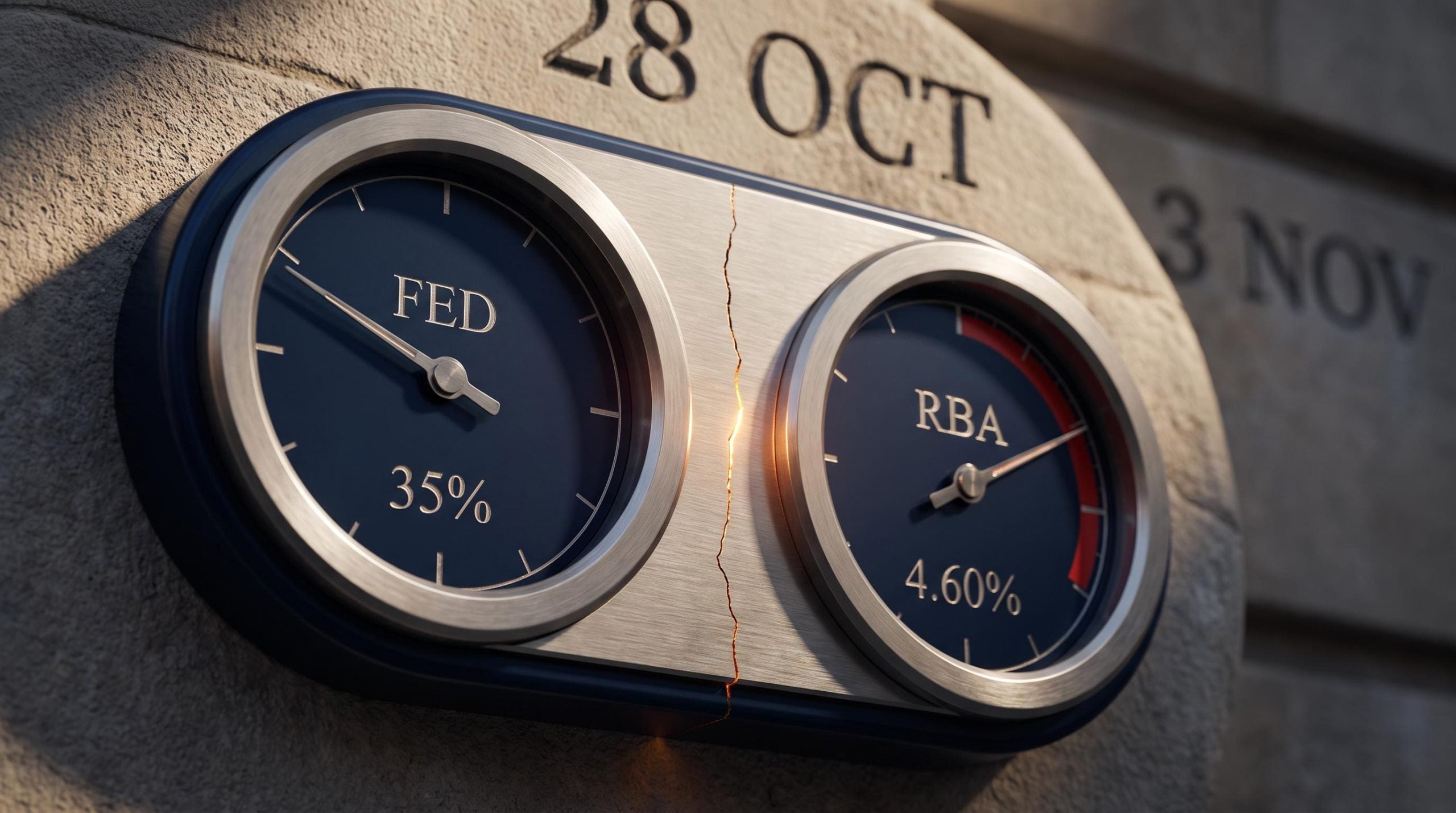 Dual steel instrument dials showing 35% Fed hike odds and RBA cash rate 4.60% ahead of October 2026 decisions