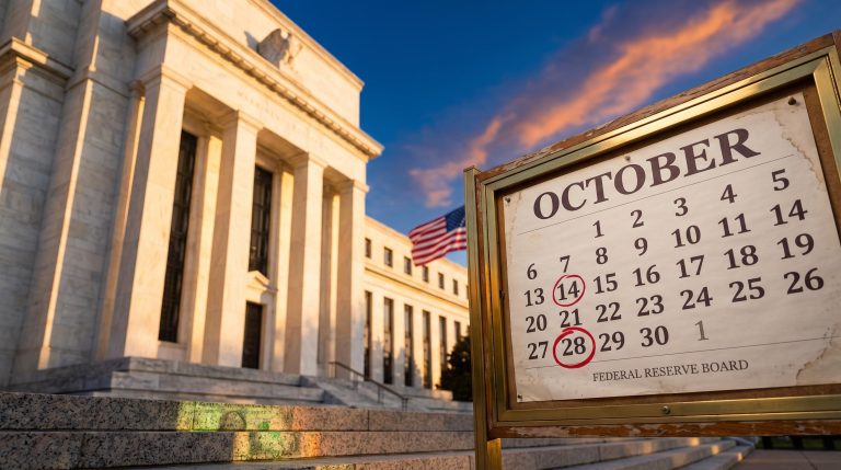 Federal Reserve building with a calendar circling 28 October ahead of the October Fed decision and dollar outlook