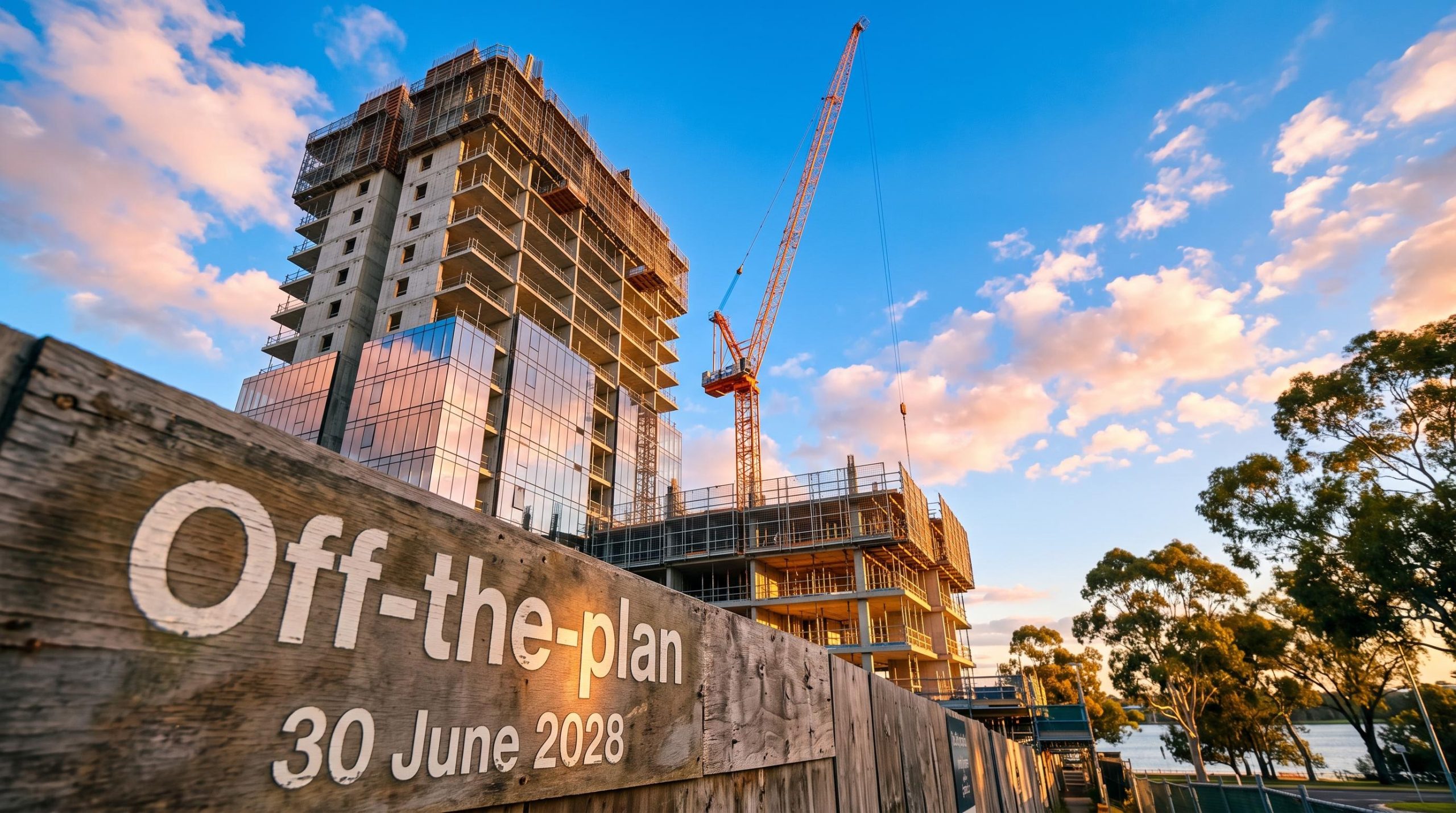 Perth apartment tower under construction behind a sign showing the off-the-plan stamp duty concession end date of 30 June 2028