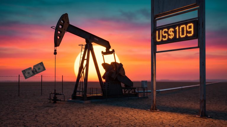 Oil pumpjack at sunset beside a US$109 price board, with a dollar note, illustrating oil bond yields dollar decoupling