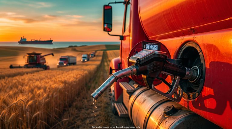 Diesel pump nozzle showing $6.28 a gallon with trucks and harvest fields behind, illustrating oil diesel prices after Hormuz