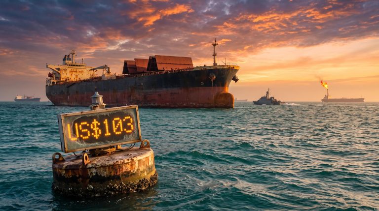 Oil price analysis: tanker idling in the Strait of Hormuz beside a buoy price board showing US$103 Brent crude