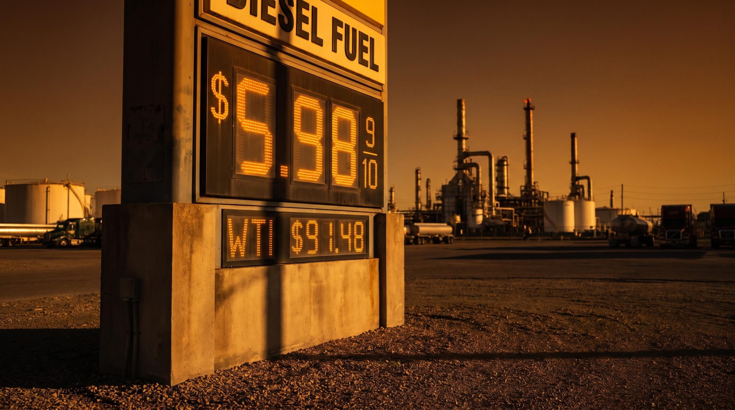 Diesel price sign showing $5.98 against a refinery backdrop as oil's economic impact signals potential market reversal