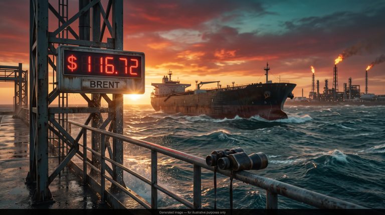 Oil price forecast: Brent price board reading $116.72 before a Hormuz tanker and burning refinery flares at sunset