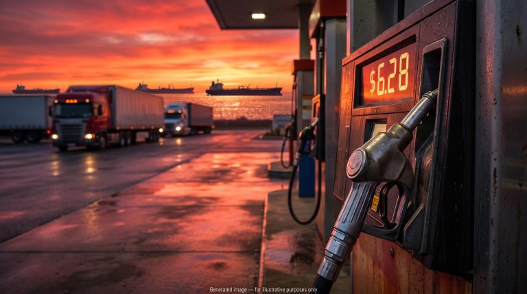 Diesel pump showing $6.28 at a truck stop as tankers sit on the horizon, illustrating the oil price forecast