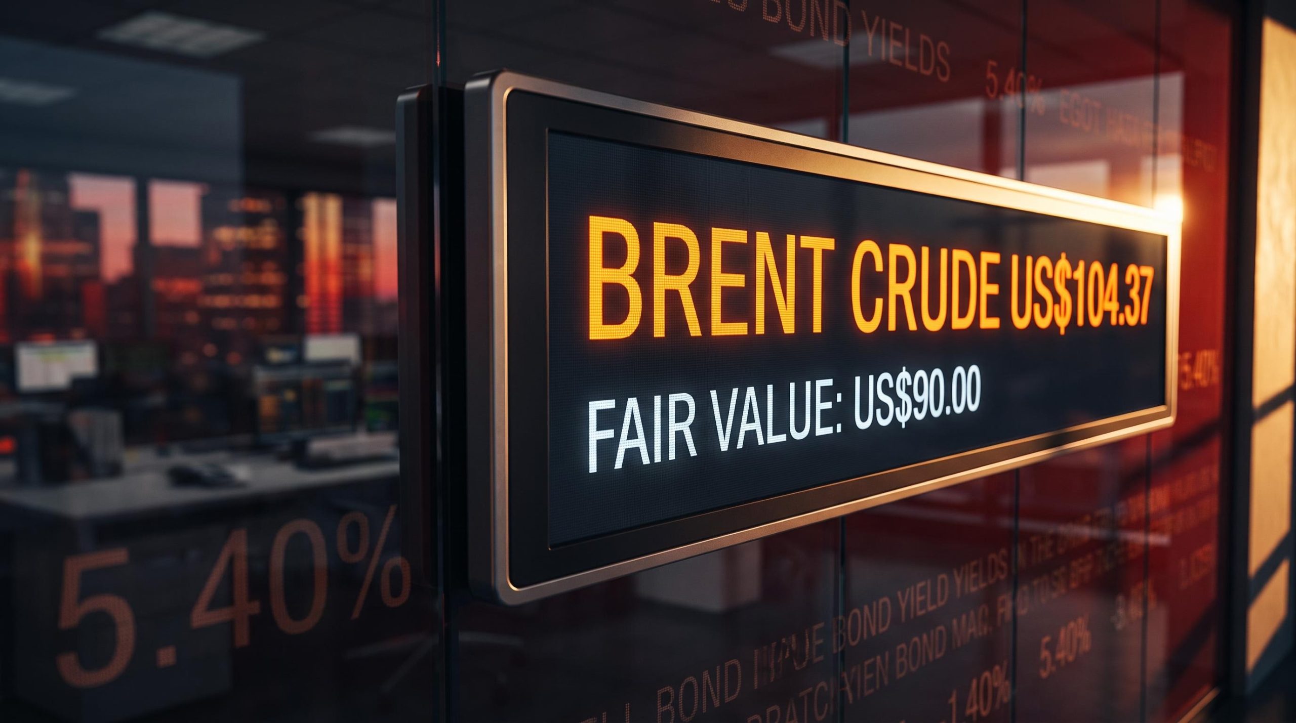 Brent crude trading screen showing US$104.37 vs US$90 fair value as oil price pressures Australian investors