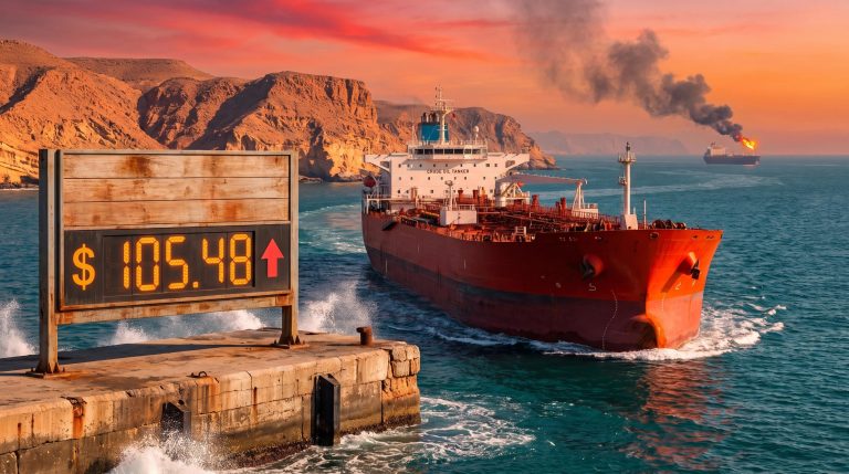 Oil tanker near Hormuz beside a price board showing $105.48 as oil prices climb on Middle East attacks