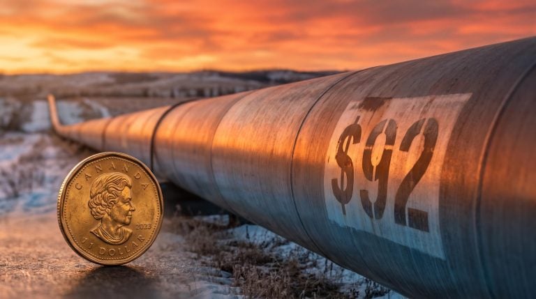 Canadian loonie in sharp foreground with Alberta pipeline at golden hour as Brent crude hits $92 amid Hormuz disruption