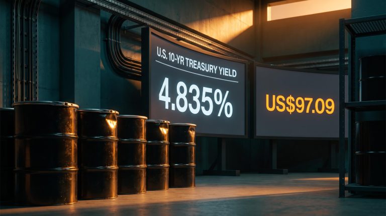 Crude oil barrels beside a trading screen showing 4.835% Treasury yield as oil prices pressure Fed rate decisions