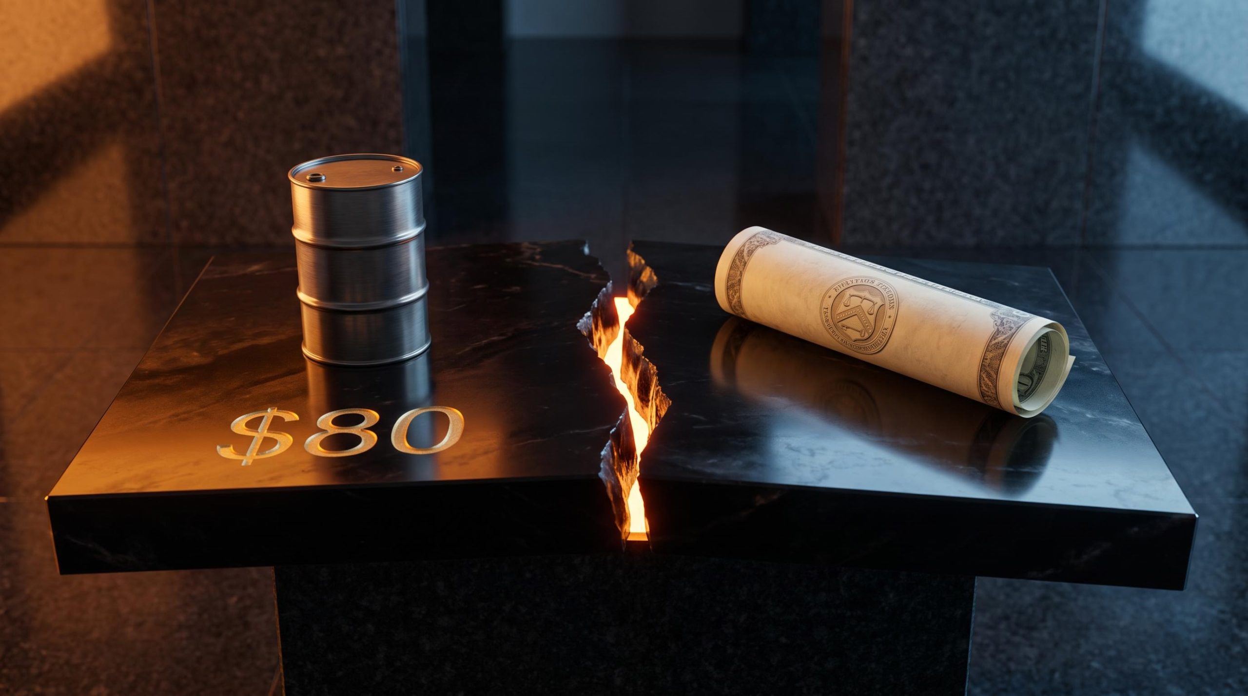 Split obsidian slab separating oil barrel and Treasury bond captures oil prices macro risk yield decoupling