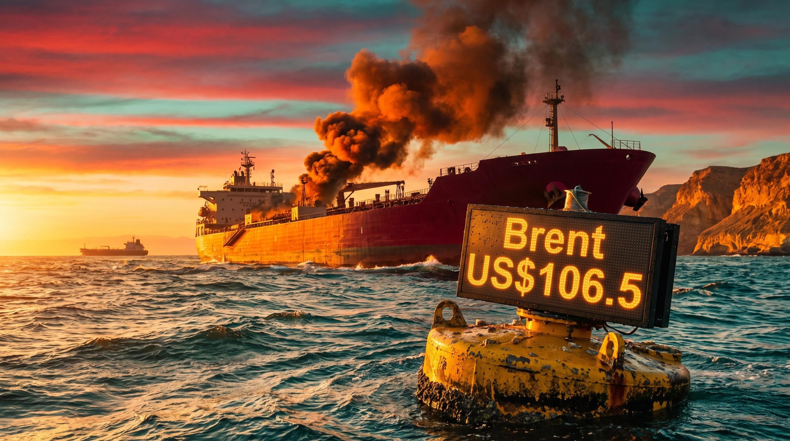 Oil tanker burning near Strait of Hormuz with Brent US$106.5 sign as oil prices rise on Middle East tensions