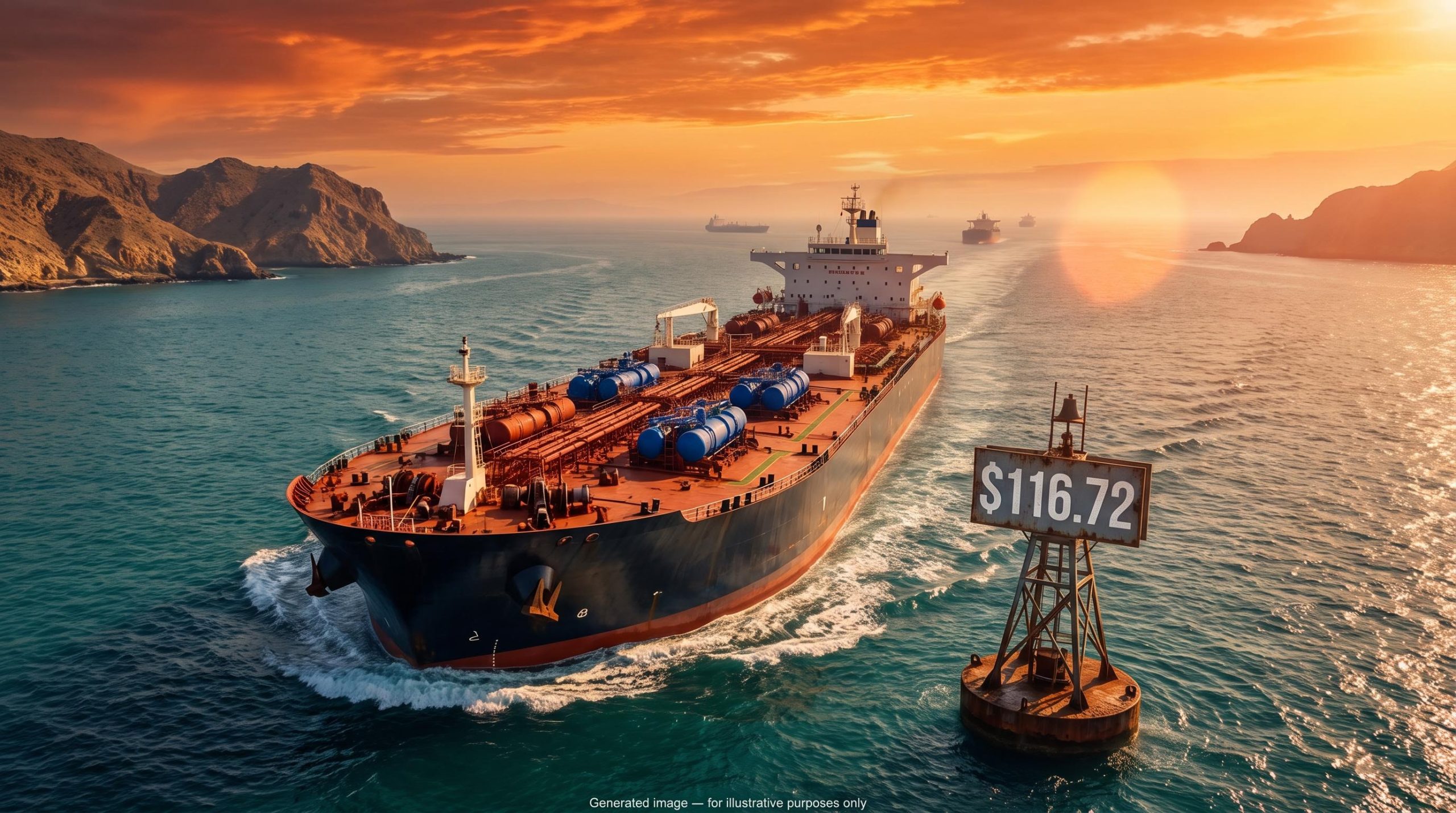 Supertanker crossing the Strait of Hormuz at sunset beside a buoy showing $116.72 Brent, illustrating oil prices Strait of Hormuz