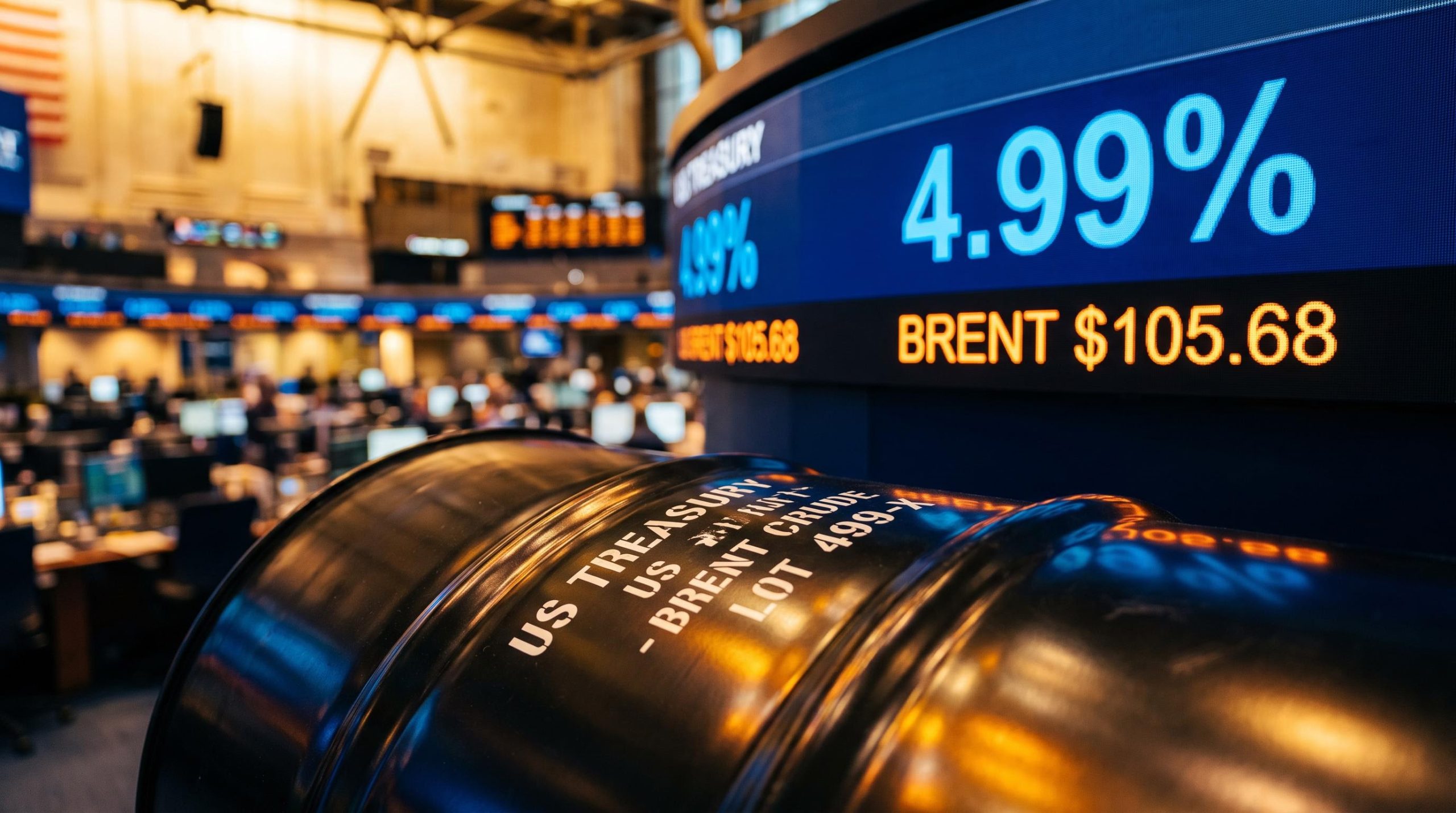 Oil barrel and 4.99% Treasury yield screen signal 35-year high oil-yield correlation amid inflation regime shift