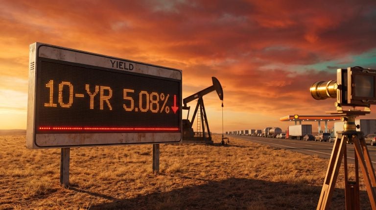Oil pump jack beside a yield board showing 10-YR 5.08% at sunset, signalling growth risk for stocks and bonds