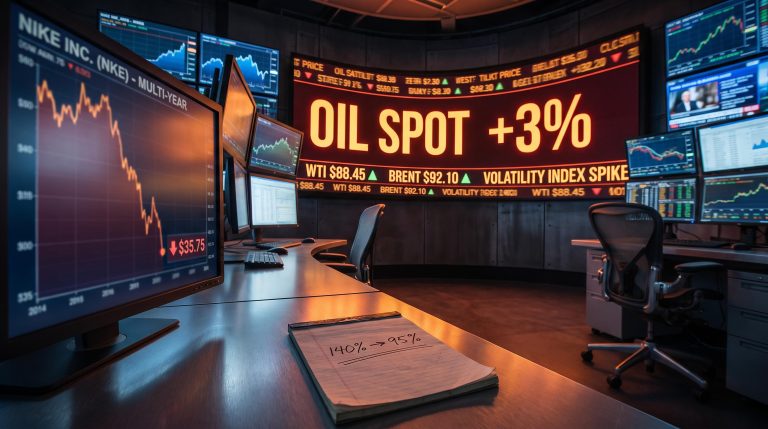 Oil ETF board shows +3% surge alongside Nike's $35.75 price as key market events stack in one volatile week