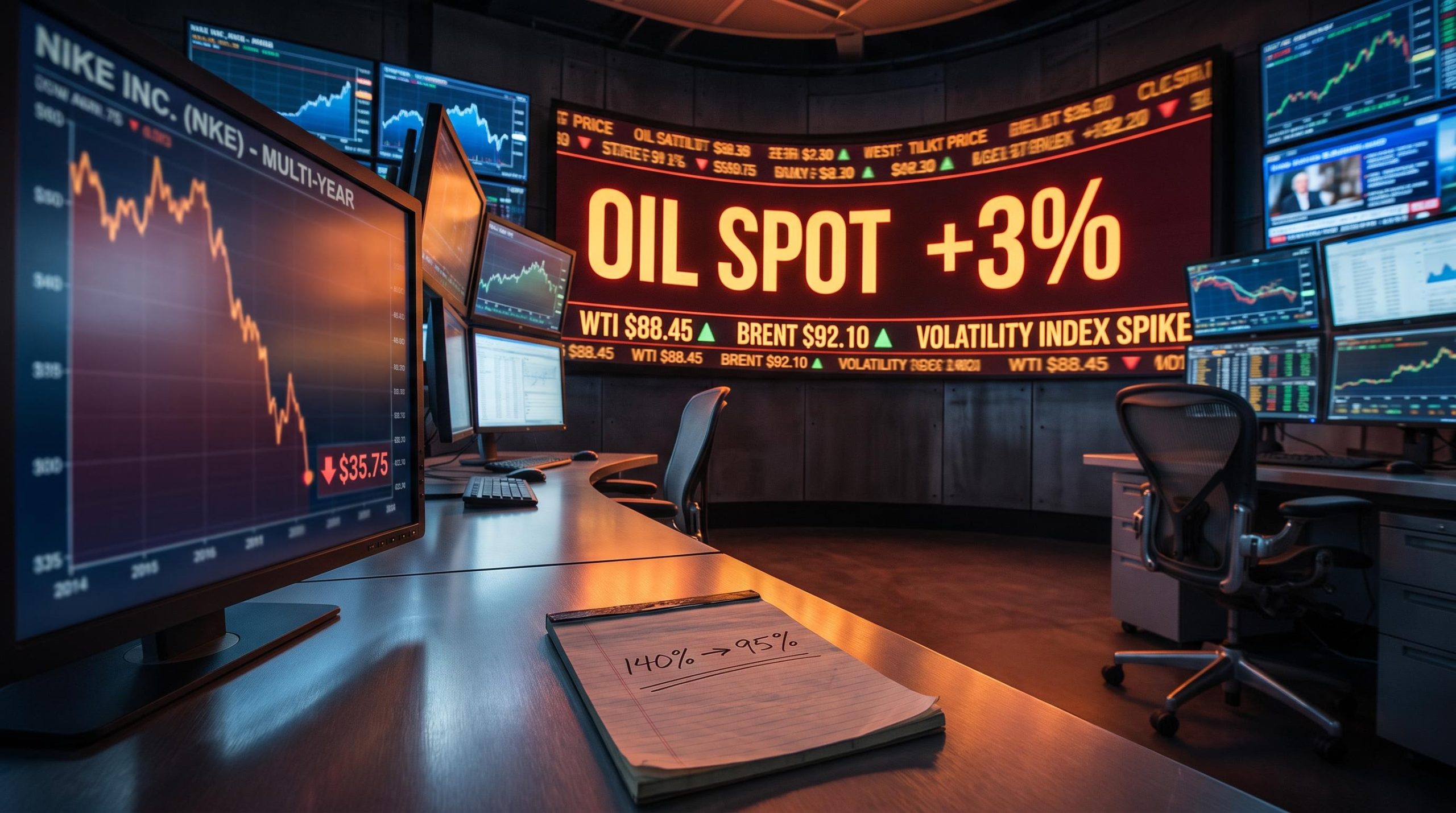 Oil ETF board shows +3% surge alongside Nike's $35.75 price as key market events stack in one volatile week