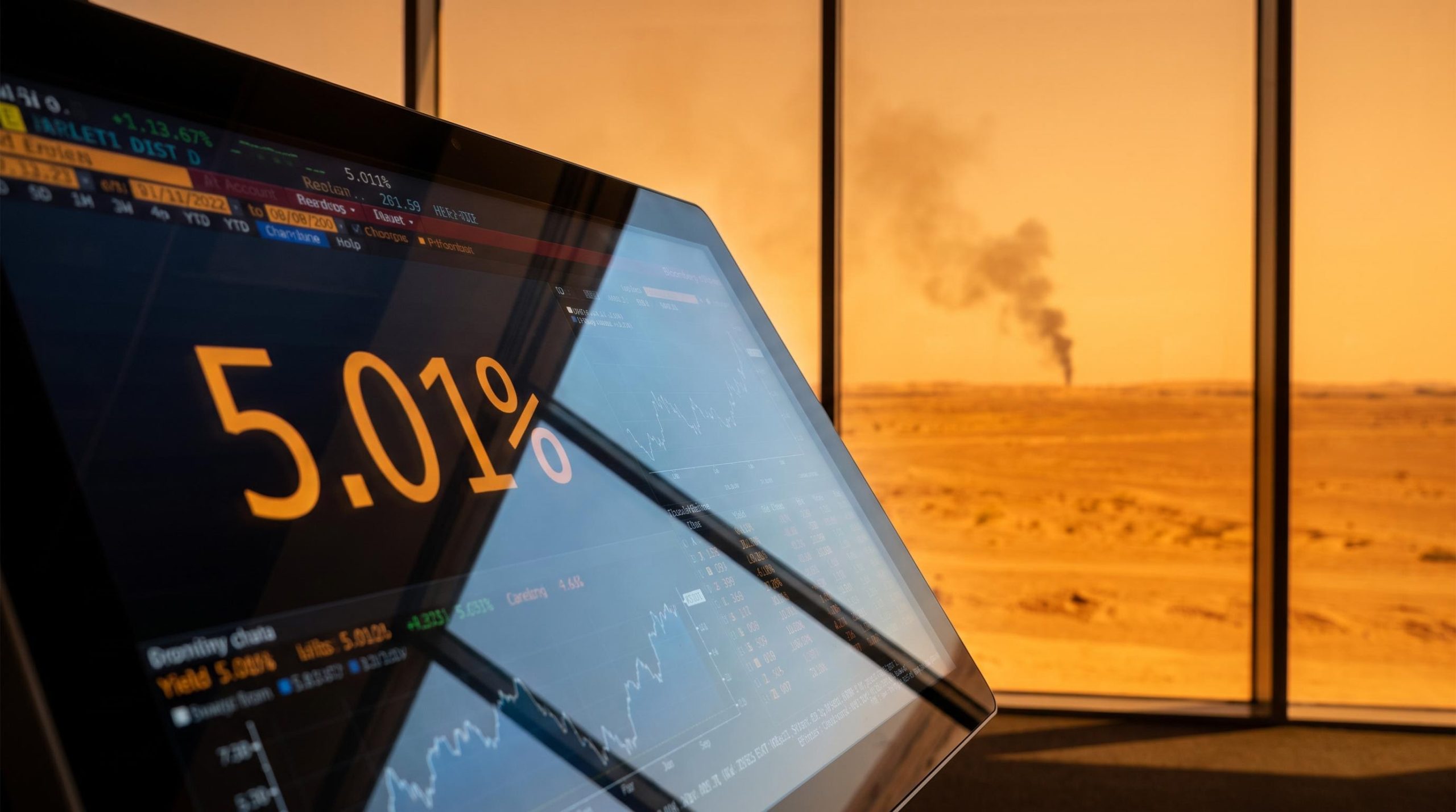 Trading terminal showing 10-year Treasury yield at 5.01% with Saudi desert smoke on the horizon after oil supply disruption