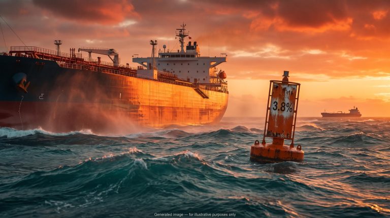 Oil tanker in the Strait of Hormuz at sunset beside a buoy showing 3.8%, illustrating oil supply inflation impact