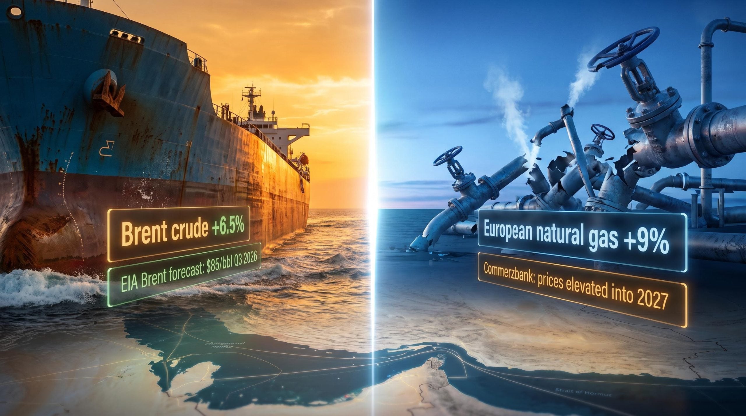 Brent crude +6.5% vs European natural gas +9% split-scene editorial showing tanker and LNG infrastructure divergence