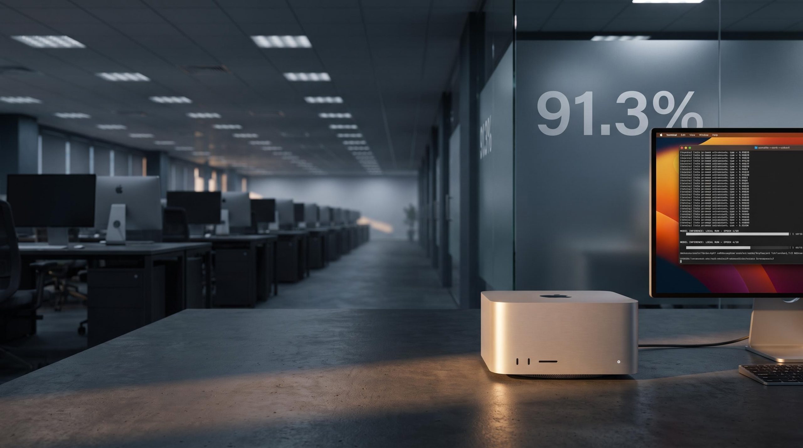 Mac Studio in foreground faces vast Windows enterprise fleet, framing the on-device AI competition asymmetry