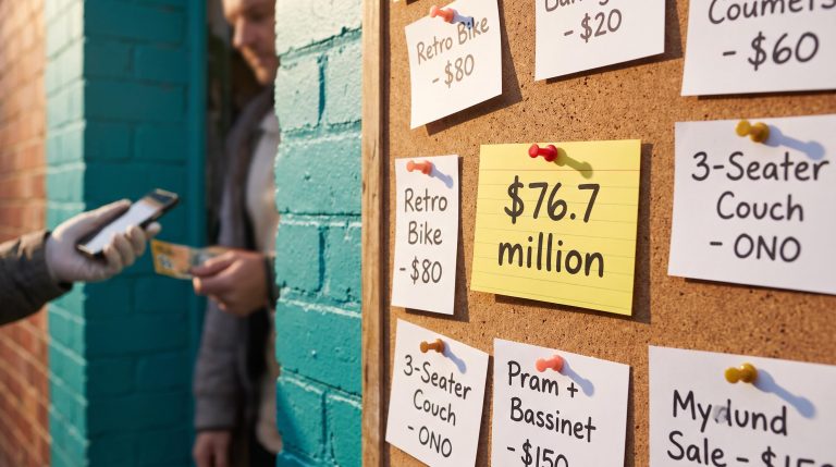 Cork noticeboard of second-hand listings showing $76.7 million scam losses, illustrating the online classifieds business model