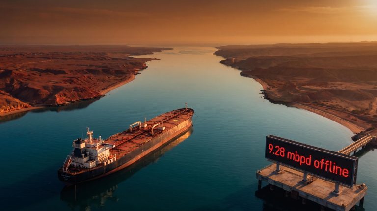 Empty Strait of Hormuz with motionless supertanker as OPEC+ November output targets freeze amid 9.28 mbpd war-driven supply loss