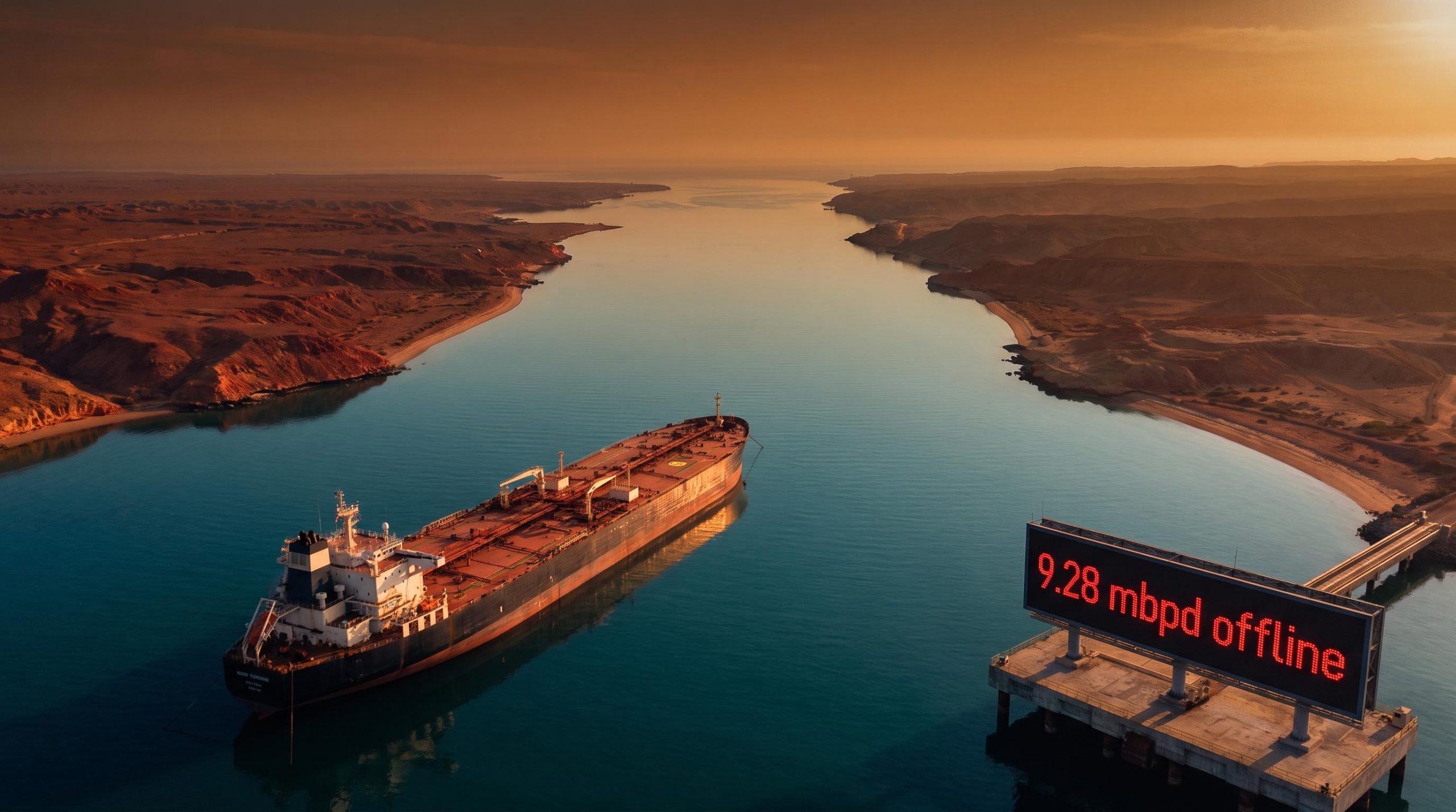 Empty Strait of Hormuz with motionless supertanker as OPEC+ November output targets freeze amid 9.28 mbpd war-driven supply loss