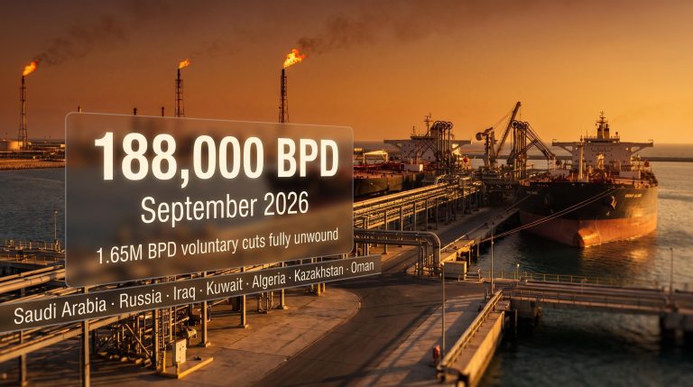 Arabian Gulf oil terminal at golden hour with 188,000 BPD OPEC production increase data panel overlay