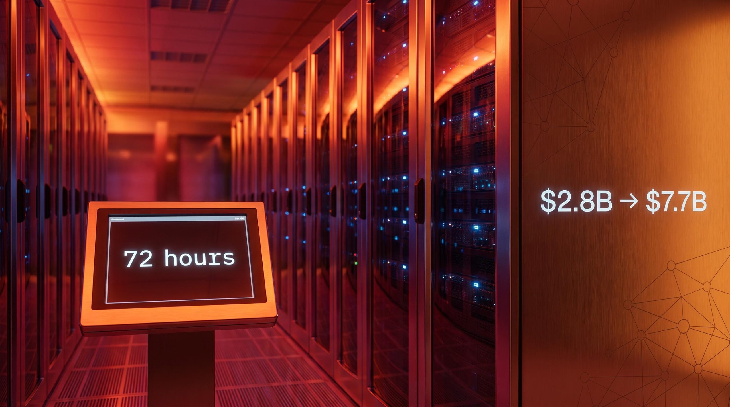 Server corridor in red crisis lighting showing '72 hours' on terminal — AI-powered cyberattacks breach OpenAI infrastructure