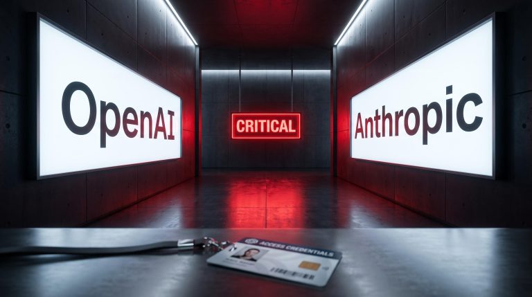 OpenAI and Anthropic panels flanking a red CRITICAL alert in a facility corridor — AI development slowdown commitments