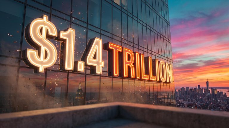 Glowing "$1.4 trillion" sign on a skyscraper at sunset, symbolising the reported OpenAI valuation funding round