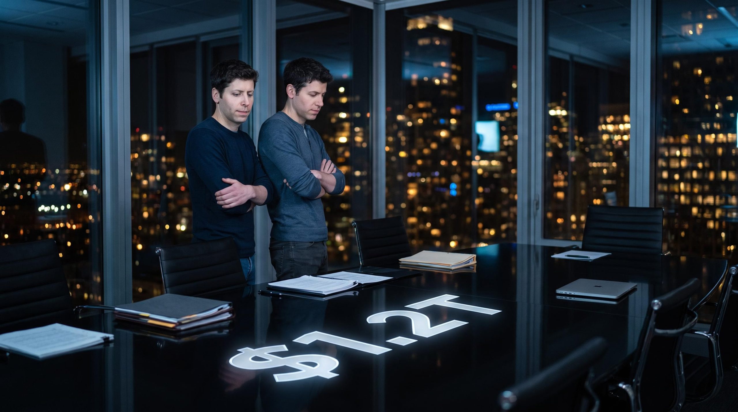 Sam Altman in a private boardroom with "$1.2T" etched on the table, as OpenAI valuation and IPO delay converge
