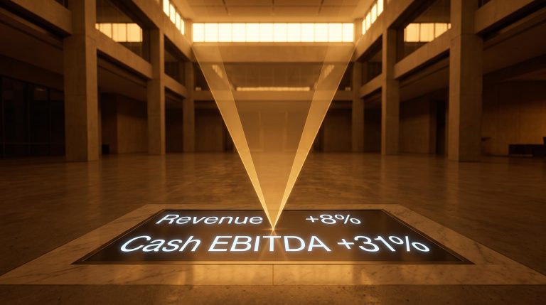 Illuminated floor display showing Revenue +8% and Cash EBITDA +31% in a sunlit atrium illustrating operating leverage