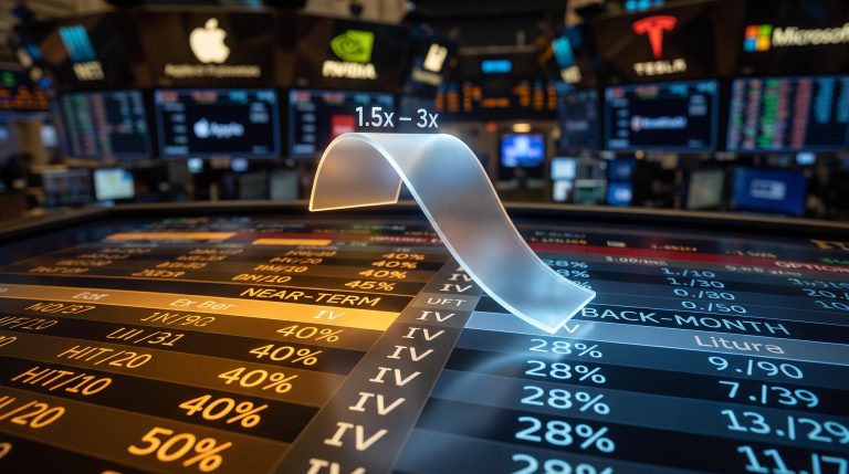 Options chain terminal showing IV term-structure inversion with 1.5x–3x front-to-back ratio for earnings calendar spreads